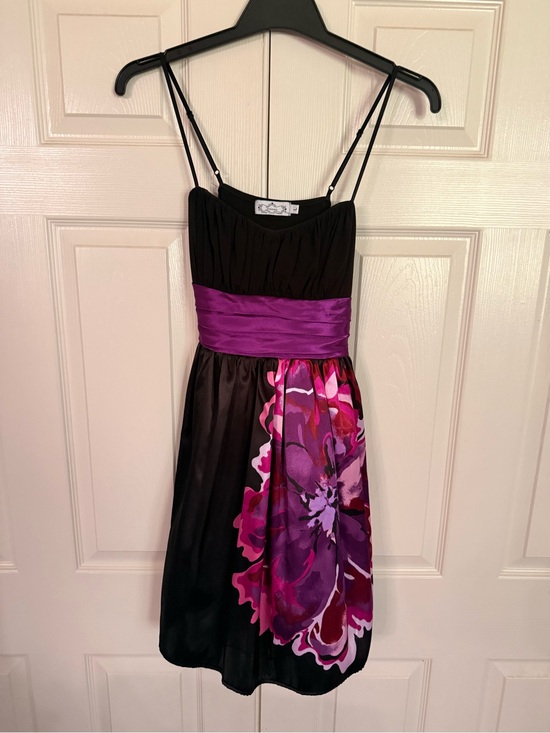 Trixxi Dresses & Skirts - Trixxi Black Mini Dress with Purple Floral Panel and Satin Sash